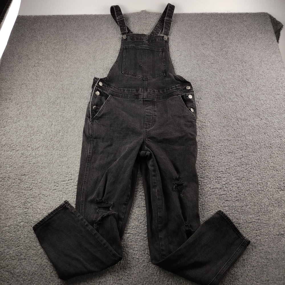 Old Navy Womens Distressed Denim Bib Overalls Washed Black Size 6 Straight Leg